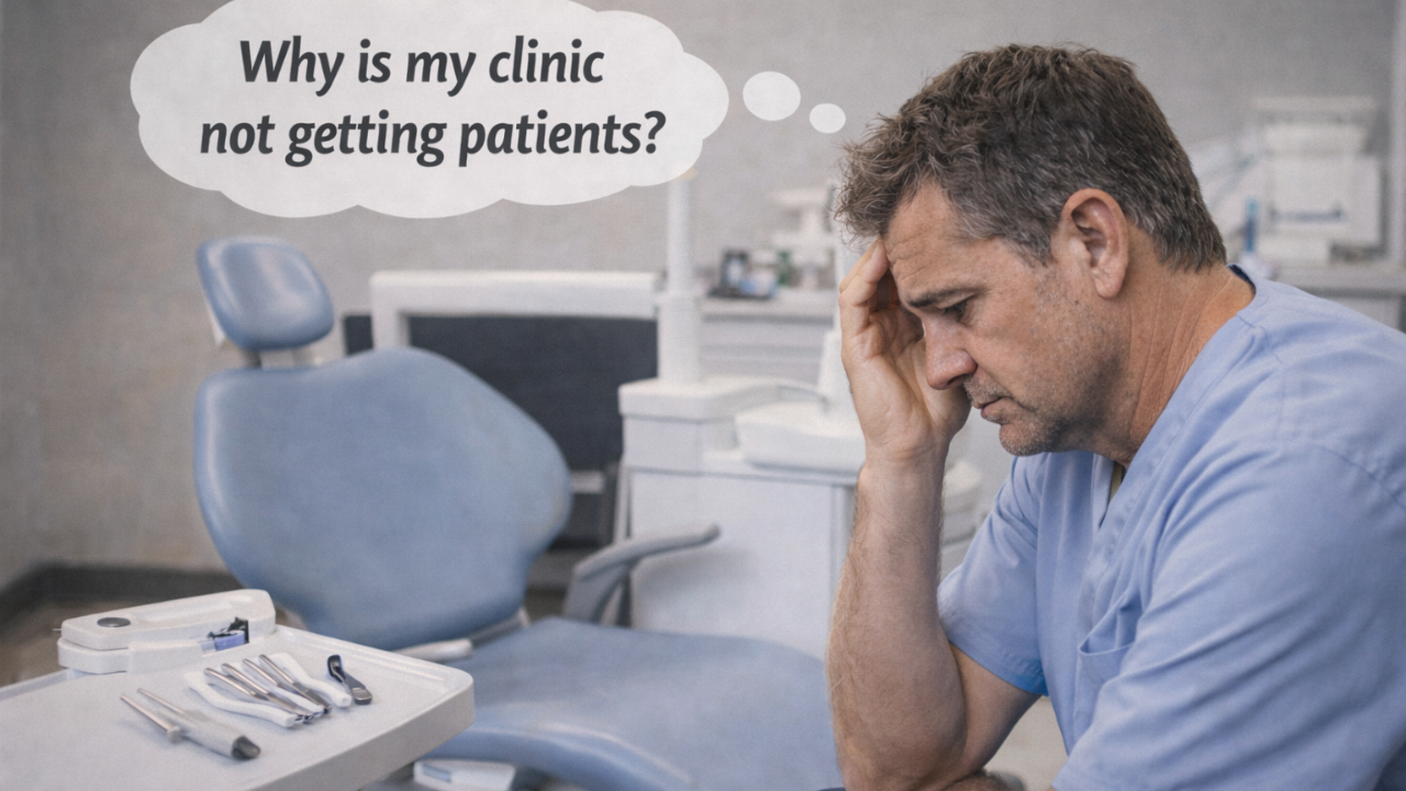 A stressed healthcare professional or dentist in blue scrubs sits looking down in an empty medical clinic, holding his head in frustration next to an empty patient chair. A thought bubble above him reads, "Why is my clinic not getting patients?", illustrating the need for modern visibility strategies like AI SEO, AEO, and GEO to capture search traffic and drive patient bookings.