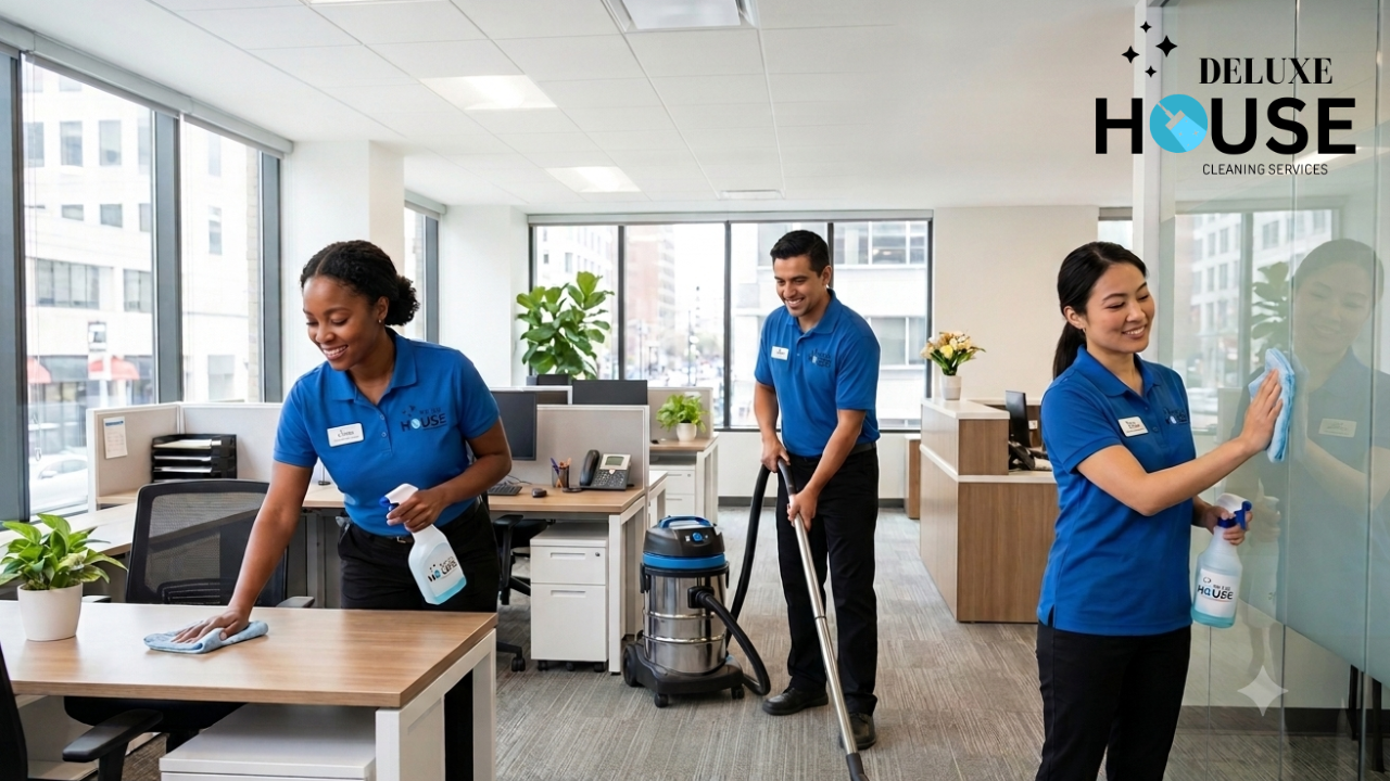 A photograph of three diverse cleaning professionals in blue polo shirts branded with a "WE CLEAN YOUR HOUSE" Deluxe Clean Solutions logo, actively cleaning a modern open-plan office. On the left, a woman wipes a desk surface with a microfiber cloth and spray. In the center, a man operates a commercial canister vacuum. On the right, a woman cleans a glass partition with a cloth and spray. Potted plants, desks, and office equipment are visible in the background under bright fluorescent lighting.