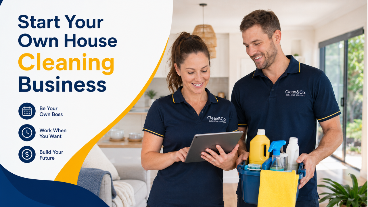 A promotional banner featuring a smiling man and woman wearing professional navy polo shirts branded with "Clean & Co. Cleaning Services." The woman holds a tablet, while the man holds a cleaning caddy filled with supplies, representing a successful business startup model. To the left, bold text reads "Start Your Own House Cleaning Business" alongside benefit icons for "Be Your Own Boss," "Work When You Want," and "Build Your Future," pitching an attractive entrepreneurial opportunity for aspiring business owners. Business Growth Club - Biz In Box packages