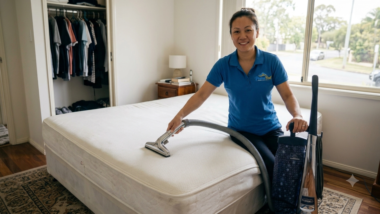 A professional female cleaner wearing a blue polo shirt branded with the "Pristine Pad" logo meticulously vacuums a clean white mattress in a brightly lit residential bedroom. She is using a high-end, classic chrome HEPA vacuum system, highlighting deep cleaning and mattress sanitization services.